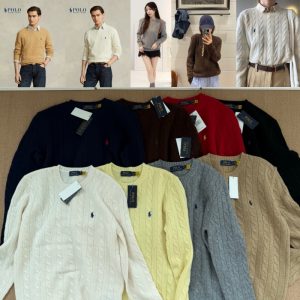 폴로 랄프 로렌 남녀 공용 커플용, 가을·겨울 신상 라운드넥 울 꽈배기 니트, 8가지 컬러